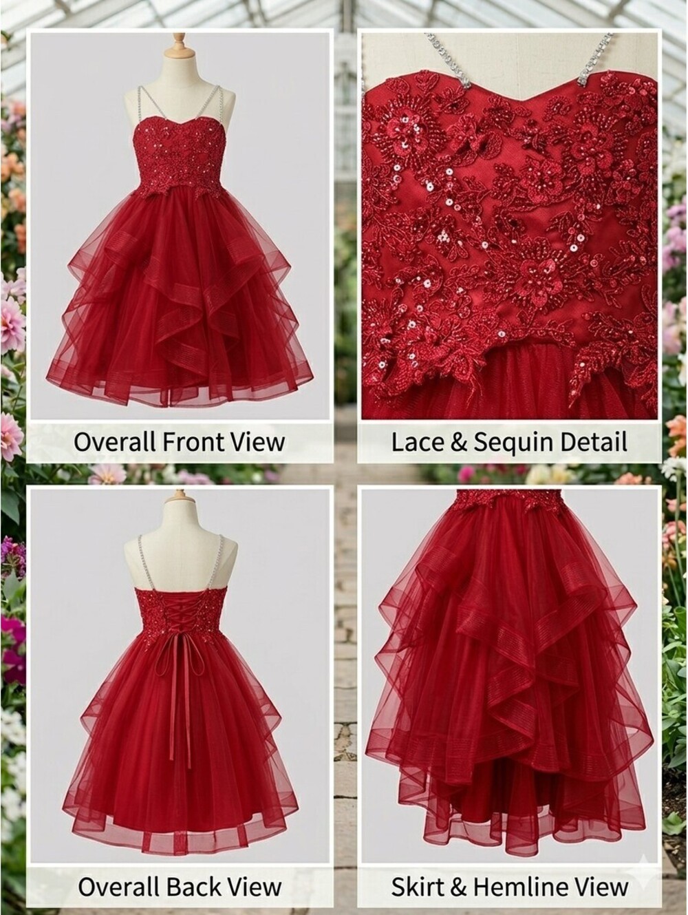 Girls Red Lace Sequin Pageant Dress Size 9 High-Low Tulle Flower Girl Holiday
